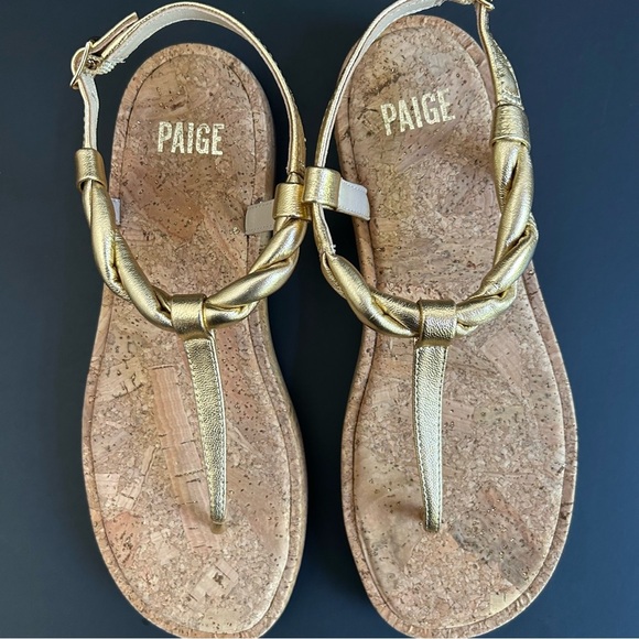 NWOT! Paige Dawn Metallic Leather
Cork Twisted Thong Sandals In Gold - Picture 4 of 8
